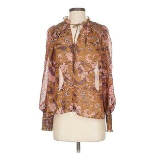 Anthropologie OPT Metallic Boho Peasant Top Small Olive Green Pink Floral